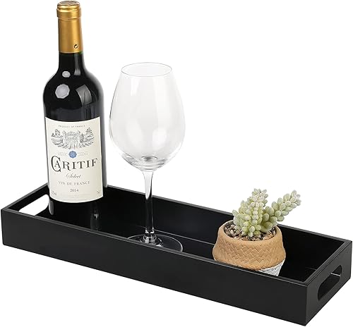 MyGift Bandeja decorativa de metal negro mate de 16 pulgadas, bandeja rectangular estrecha con asas recortadas