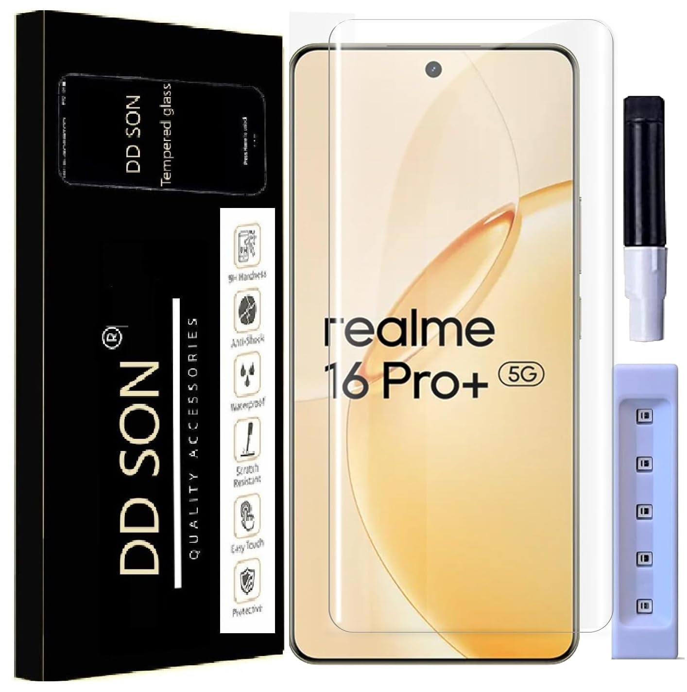 DD SON Premium UV Tempered Glass Screen Protector Guard Compatible For Realme 16 Pro Plus 5G (6.8 Inch, Pack of 1) Full Adhesive UV Curved Case Friendly HD Clarity with easy installation kit-image-7