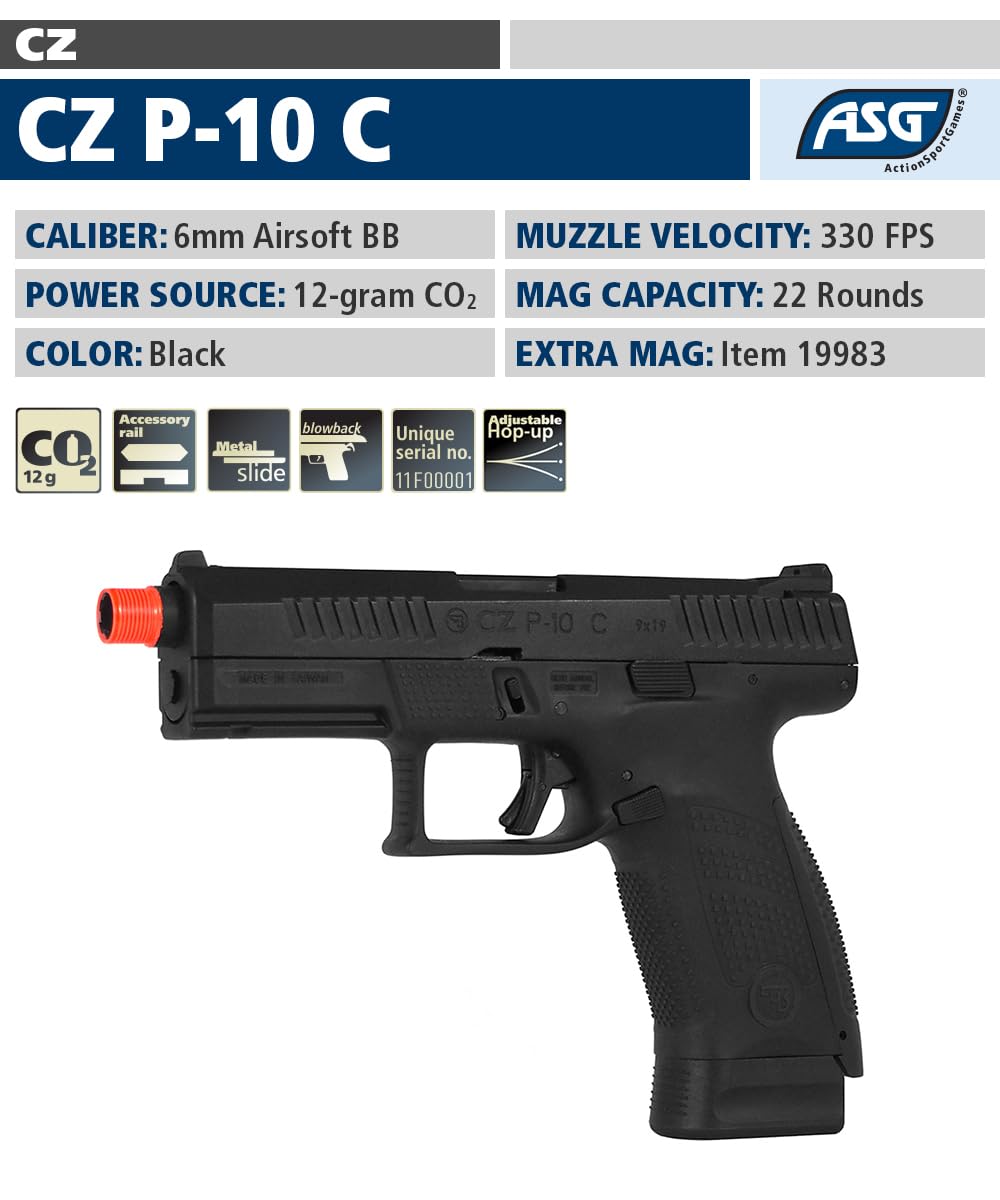 ASG CZ P-10C CO2 Airsoft Pistol - Blowback Airsoft Gun - Adjustable Hop-Up - Metal Slide - Threaded Barrel/Optic Ready - FDE - 6mm Airsoft BB - Black