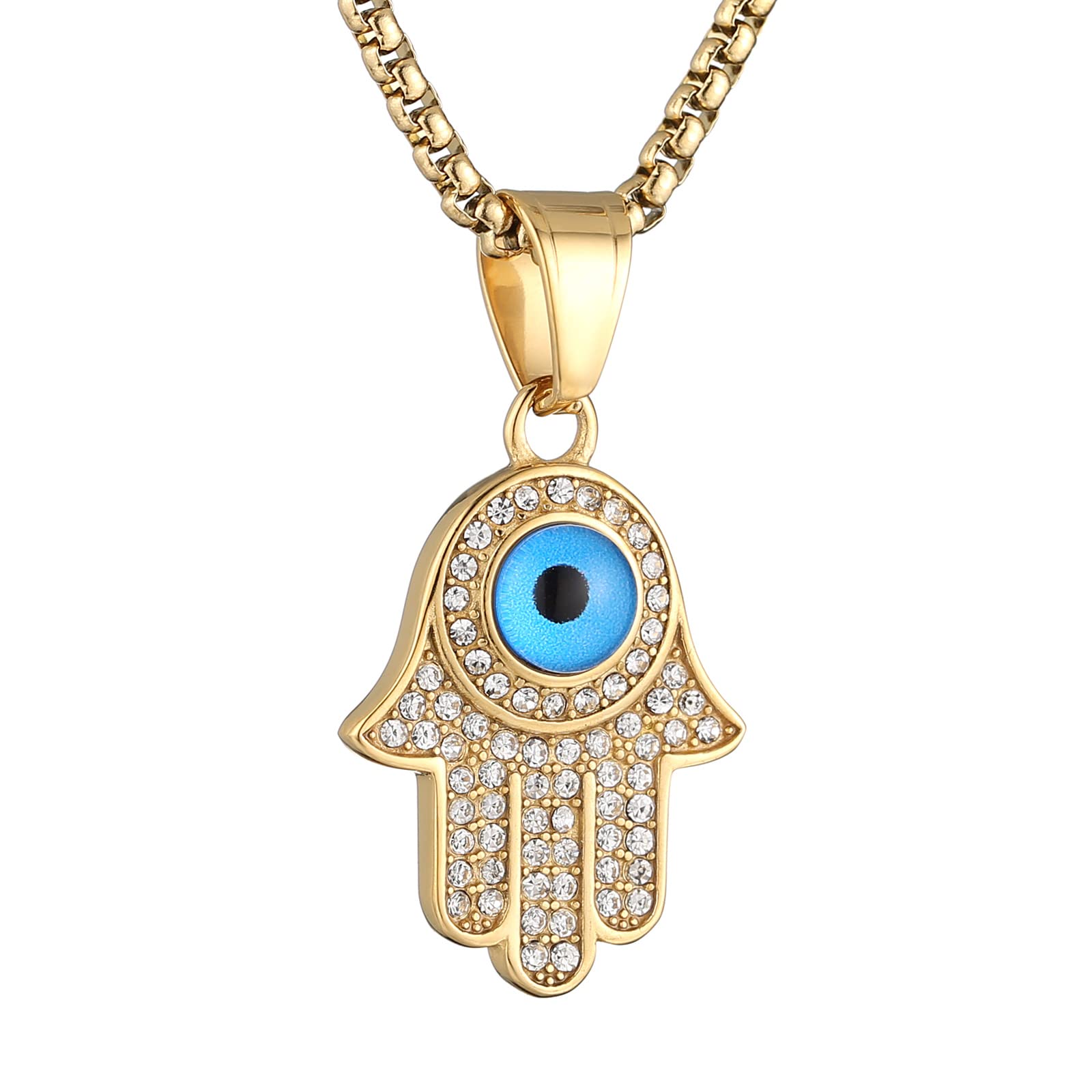 AsAlways 18K Gold Plated Hand of Fatima Pendant Inlay CZ Vintage Hip Hop Rock Punk Totem Amulet Charm Evil Eye Fatima Hamsa Hand Necklace