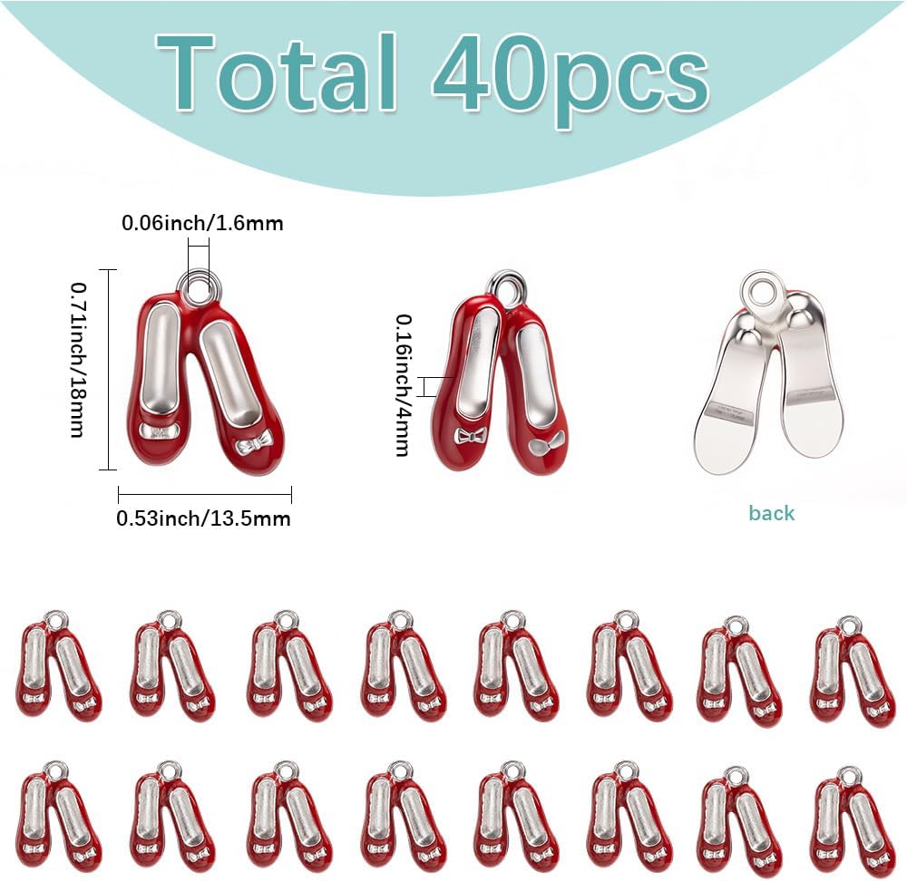 SUNNYCLUE 1 Box 40Pcs Ballet Slippers Charms Red Shoes Charms Silver Alloy Enamel Vintage Dorothy Ballet Dancing Coquette Pendants for Jewelry Making Valentine's Day DIY Bracelet Necklace Earrings image 2