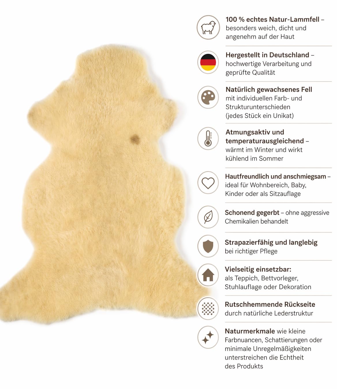 Hofbrucker 100% pelle di pecora biologica Schwarzkopf in Baviera/pelliccia di agnello. Morbida e soffice e autopulente, tosata medicalmente con caratteristiche naturali, 100-110 cm, pelliccia di