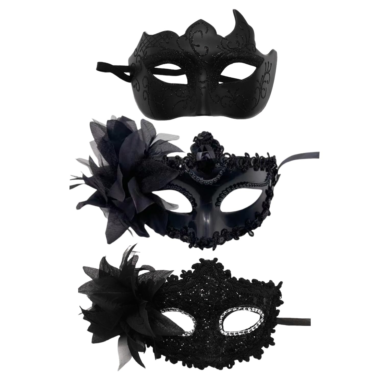 CQQNIU 3 Pieces Of Black Masks, Sexy Eye Mask For Women, Half Face Mask For Men, Role-Playing Props, Party Masquerade Mask