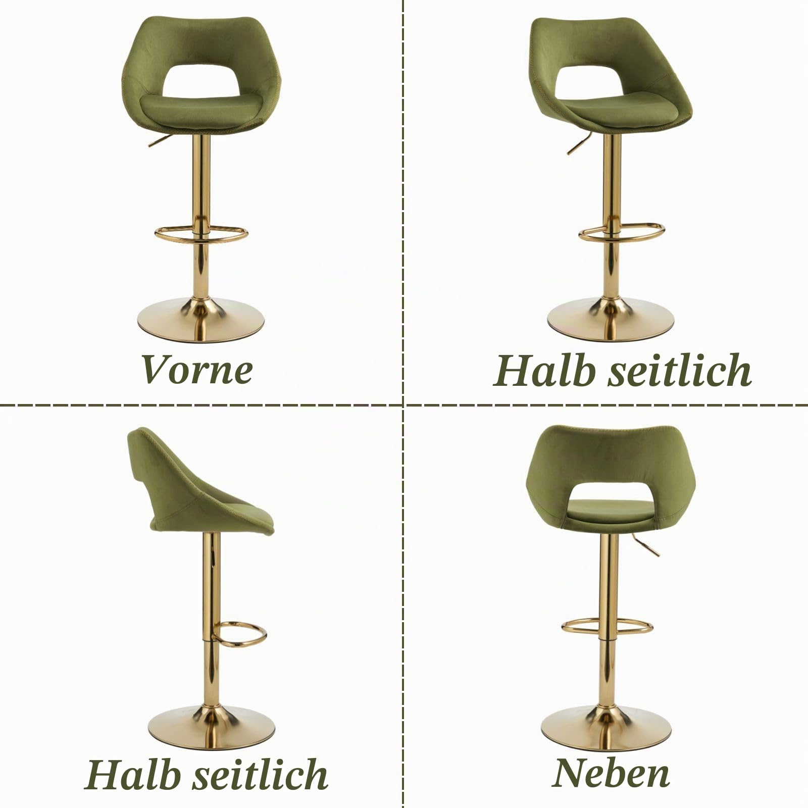 Ya-Home Barhocker 2er Set, Barstühle höhenverstellbar, Küchenhocker 360° drehbar, Tresenhocker mit Rückenlehne, goldene Fußstütze, Samt, Grün