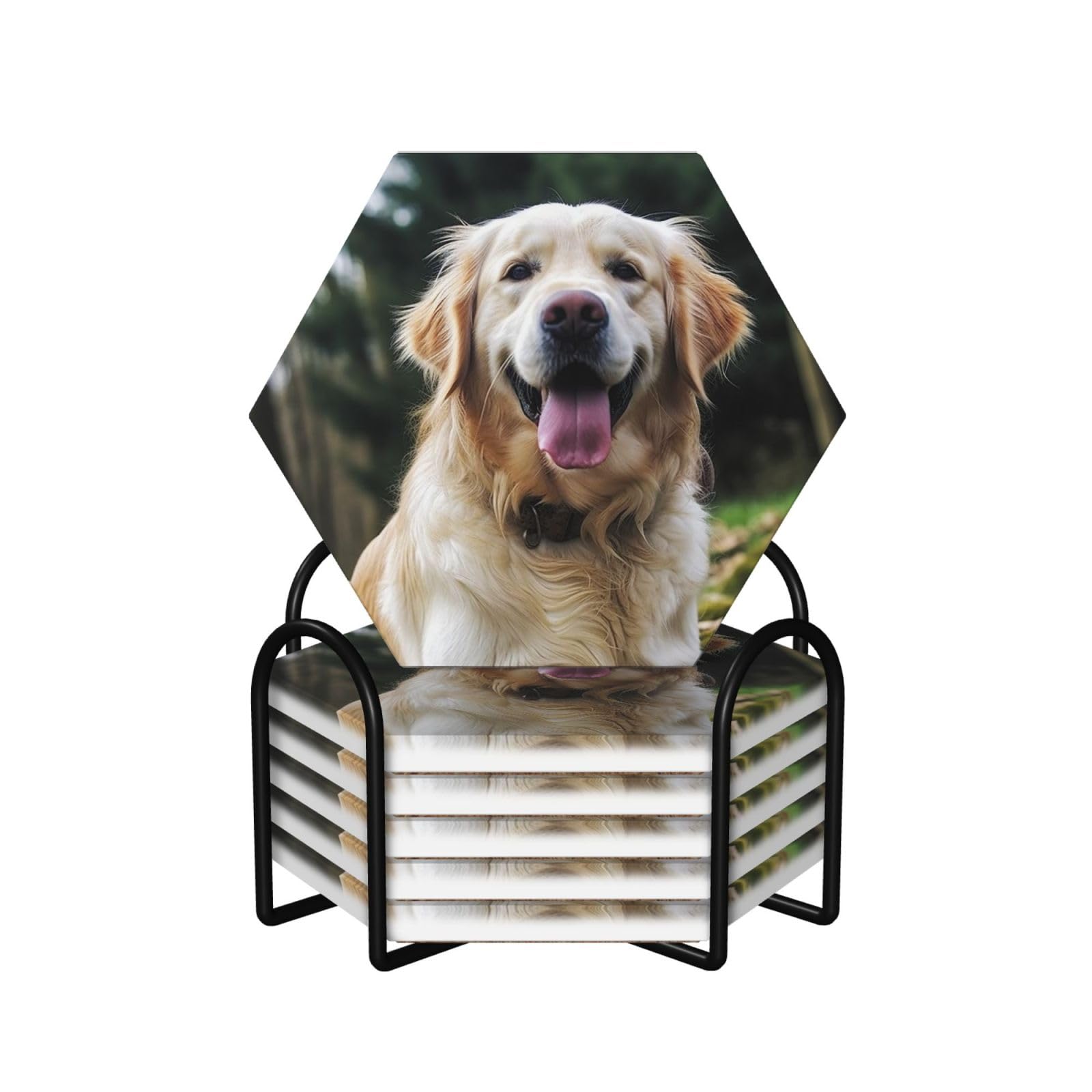 6Pcs Ceramics Coaster for Drinks, Funny Golden Retriever Cup Coasters with Holder, Aesthetic Drink Coasters for Coffee Table, Absorbent Round Coaster for Tabletop Protection 4" Cup Mat Pad