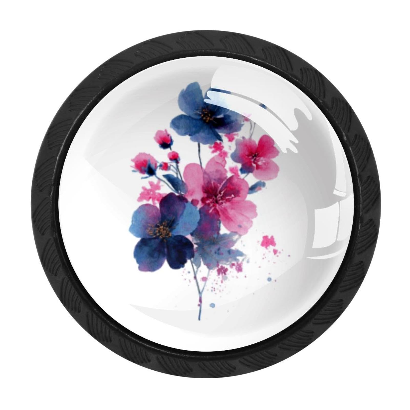 Boutons de tiroir ronds noirs imprimé floral aquarelle finitions soignées pour armoire