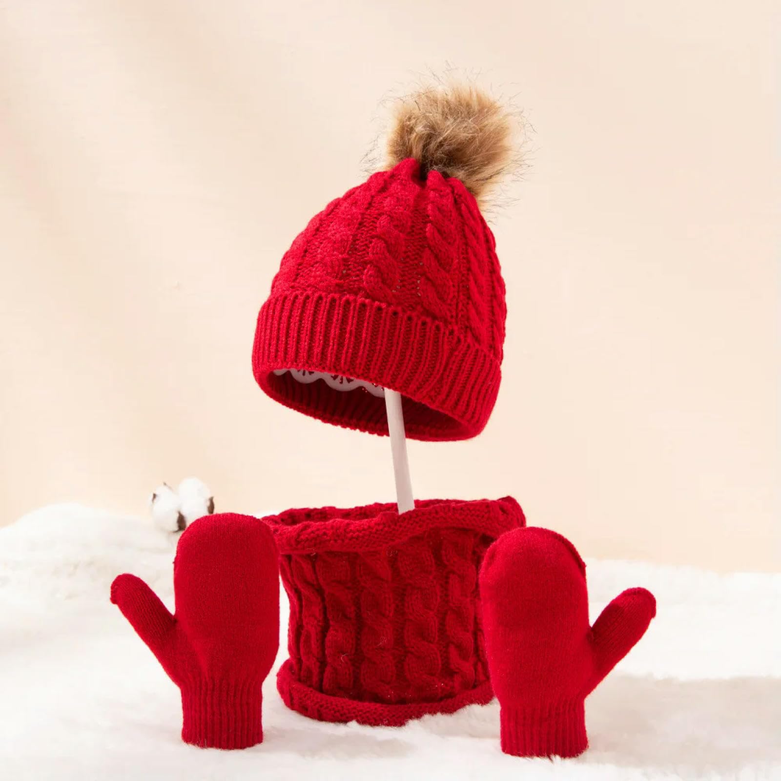3-teiliges Winter-Set für Babys, Mütze, Schal und Handschuhe, einfarbig, für Kleinkinder, mit Bommel, Strickmützen, warmes Outdoor-Zubehör für Kleinkinder, süß (Hellgrau A)
