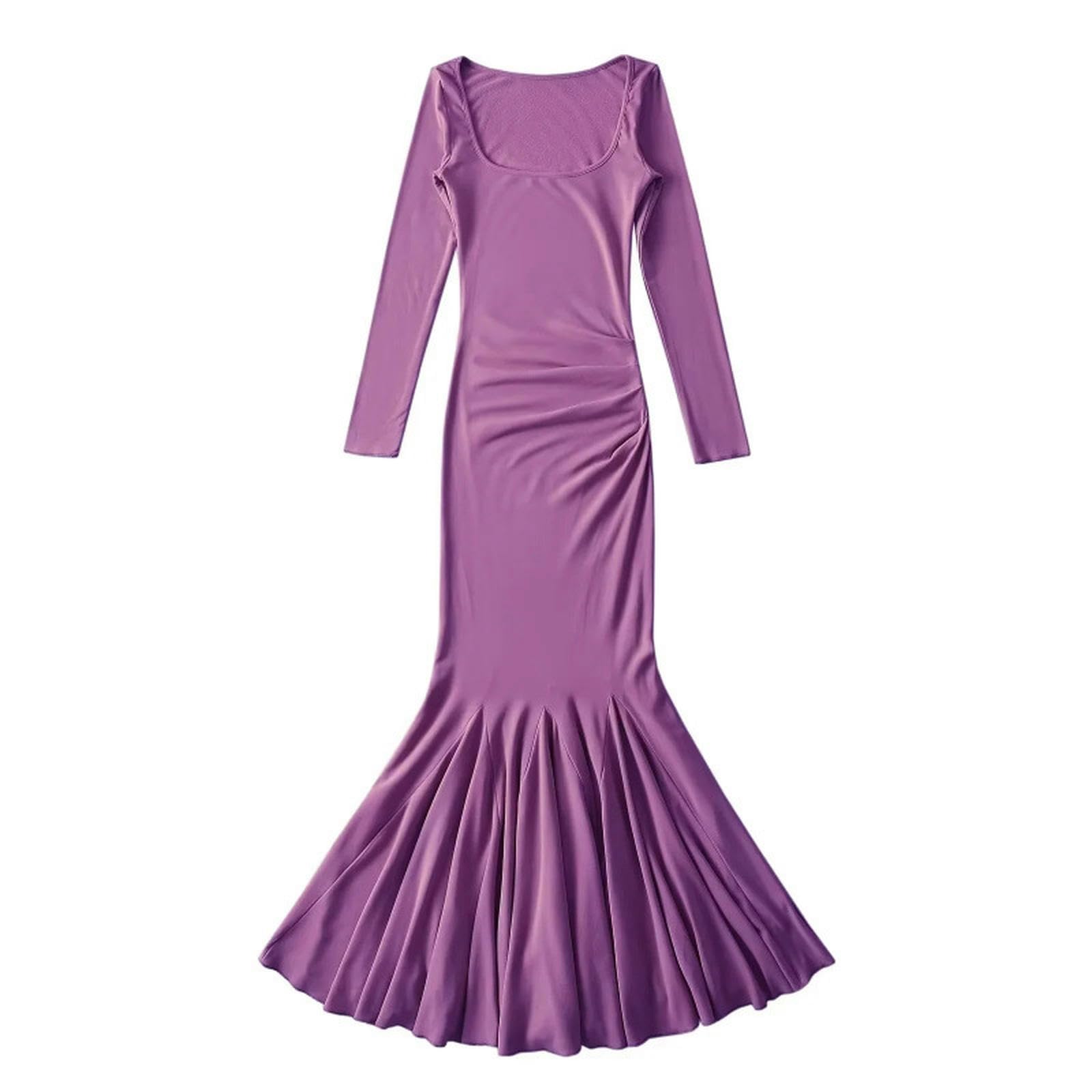 Robe plissée en velours violet Tall M à col carré et manches longues pour l'automne