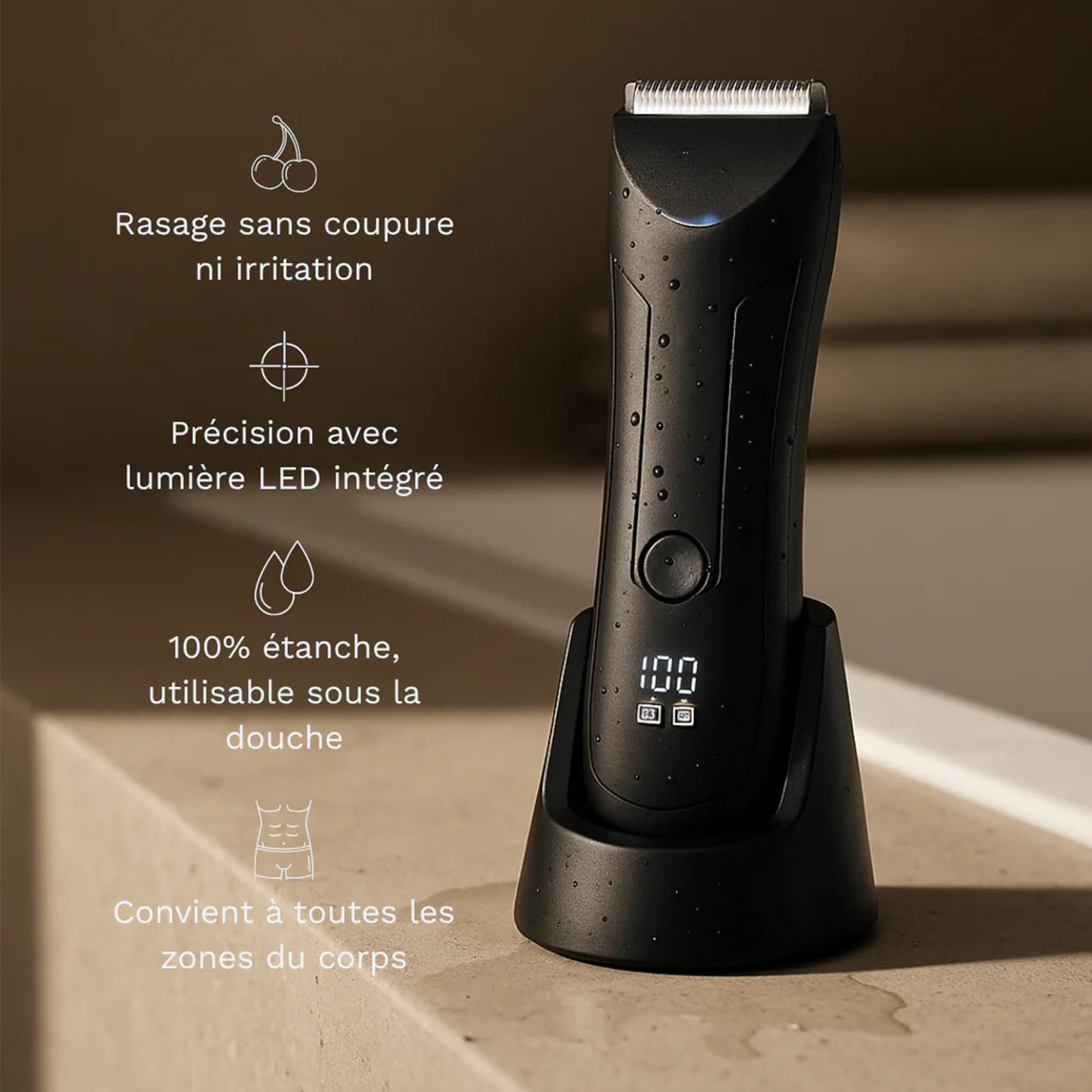 Tondeuse Intime, Votre allié idéal pour un rasage intime impeccable, Homme 4-en-1 Étanche IPX7, Peigne Réglable, LED écran, Wet & Dry, pour Aisselles, Aines, Jambes (Noir)