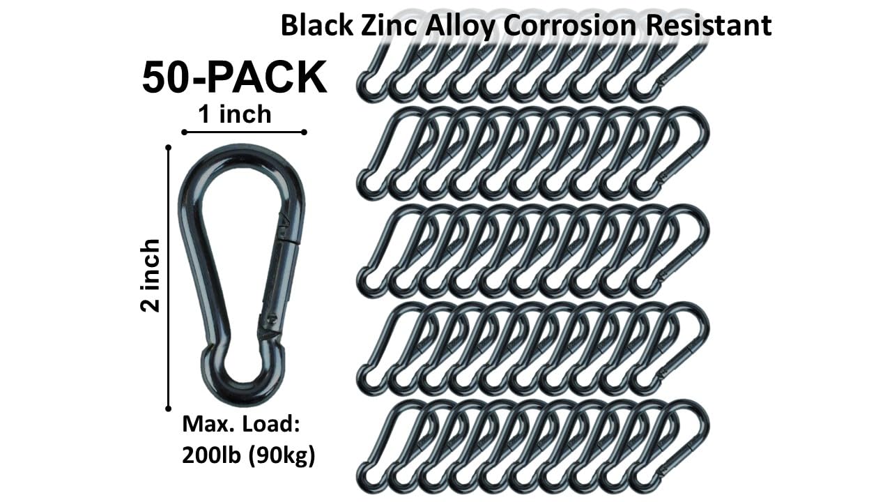 Branded Boards | 50 Pack and 100 Pack | Bulk Heavy Duty Carabiner Snap Clip Hooks |Black, Zinc and Stainless | Contractors, Gyms, Fitness Centers, Business, Industrial (5cm Black 50-Pack)