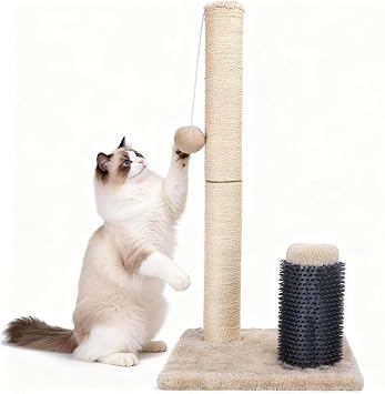 Nobleza Cat Scratcher 60 cm, Scratching Post with Natural Sisal Rope, Silicone Massager and Hanging Ball Toy, Stable Base, Beige
