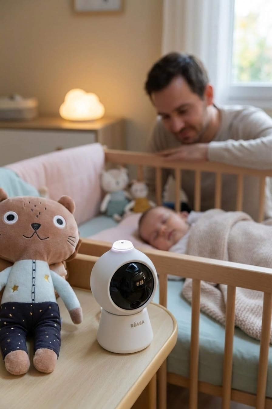 BÉABA Zen Smart AI Babyphone Vidéo 3 en 1, Blanc | Caméra 360° Full QHD 4MP, Écran HD 720p, IA Détection Retournement, Vision Nocturne, Application Mobile