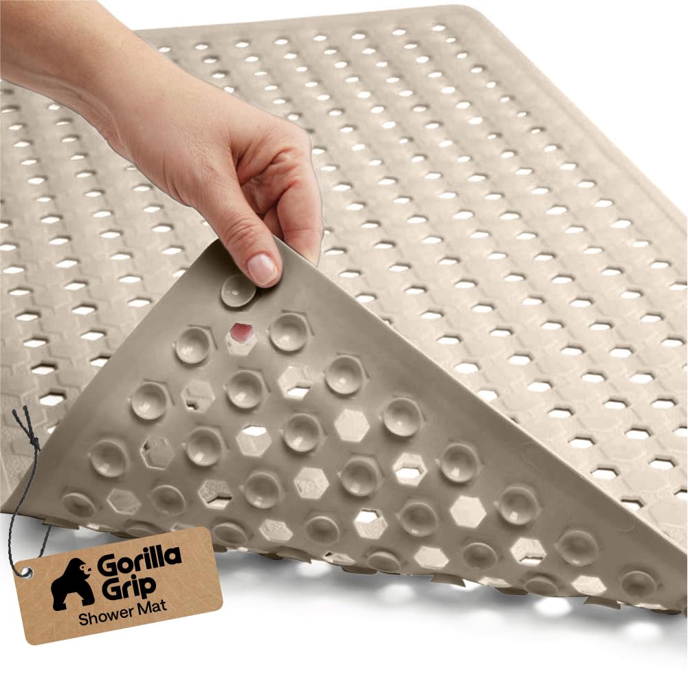 GORILLA GRIP Patented Bath Tub Shower Mat, Machine Washable Bathtub Floor Liner Mats, Suction Cups and Drain Holes to Keep Tubs Clean, Soft on Feet, Bathroom Essentials, 35x16 Inch, Beige