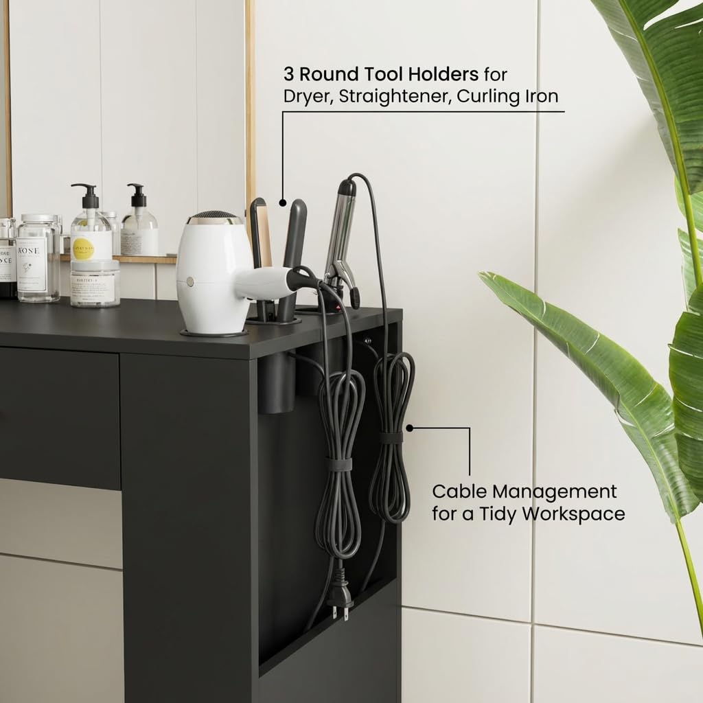 Wooden Styling Station with Round Hole Design, Multi-Layer Storage, Hair Tool Organizer with Large Capacity for Home or Salon Use (Hair Station - Black)