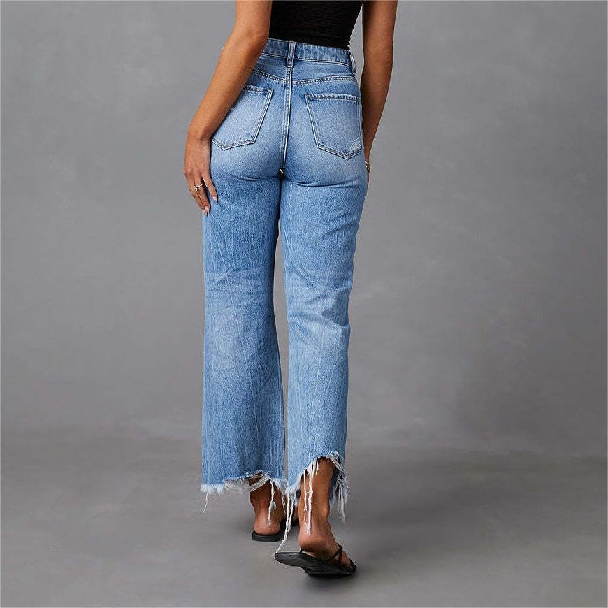 Akivide Women's Distressed Raw Hem Boyfriend Ripped Jeans High Waisted Straight Wide Leg Jean Ankle Destroyed Denim Pants3