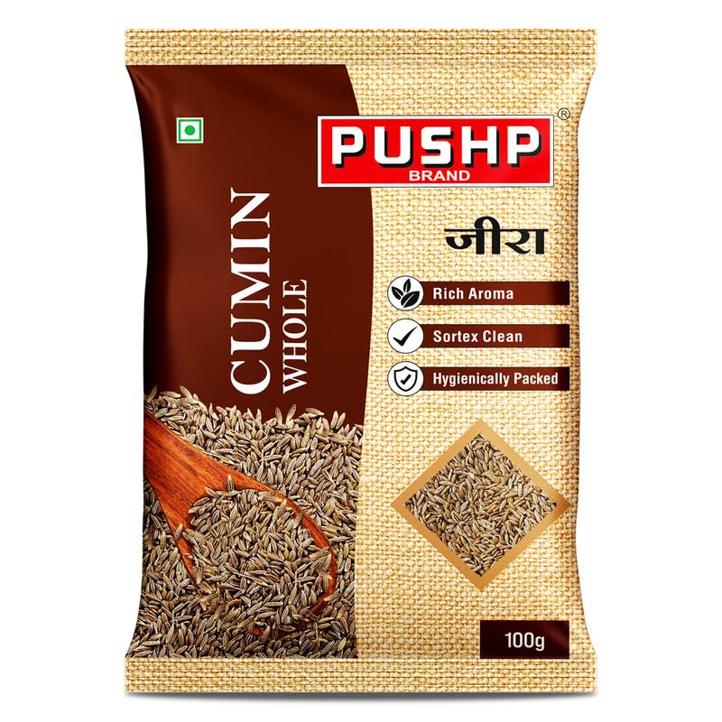 Image of Pushp Whole Jeera | 100g Pouch | Premium Cumin Seeds | Aromatic & Flavorful | Ideal for Cooking, Tadka, Seasoning (Pack of 1)