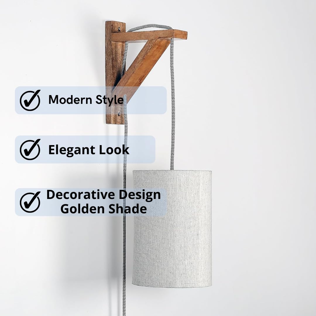 Craftter Wooden Surface Fabric Shade Wall Lamp, Round Shape Bedside Wall Hanging Light,Wall Sconce Decorative Night Light for Home, Office,Living Room,Bedroom (Grey, 23x15 cm) 2