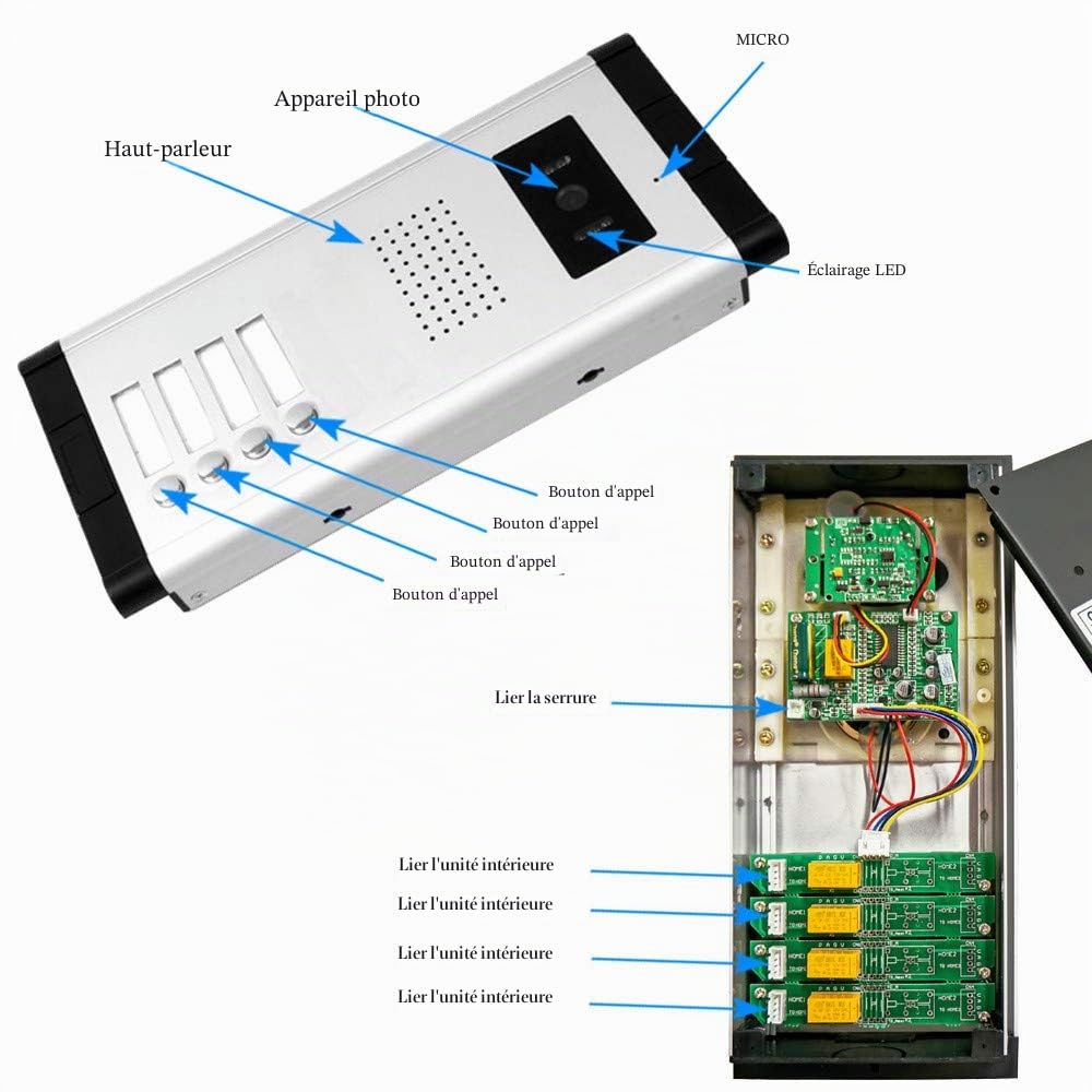 KDL Filaire Système téléphonique de Porte Sonnette vidéo de 7 Pouces 4 moniteurs avec 1 caméra extérieure avec Quatre Boutons d'appel, Vision Nocturne IR, Audio pour Appartements Multiples/Familles