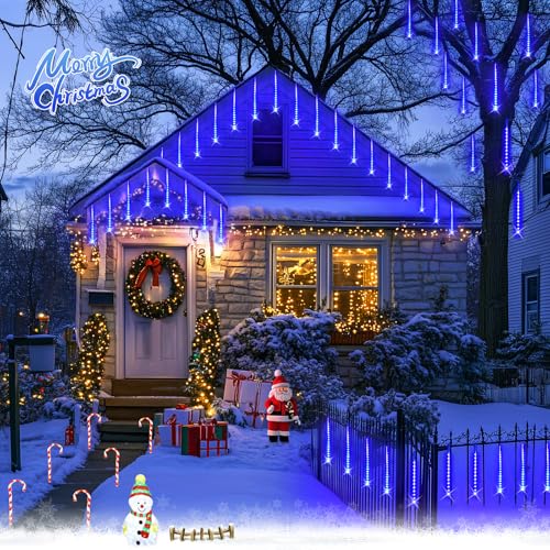 JMEXSUSS Solar Christmas Lights Outdoor, 8 Tube 144 LEDs Solar Meteor Shower Lights Outdoor, Hanging Blue Christmas Light for Tree Icicle Garden Yard Patio Gazebo Party Xmas Decor thumbnail 5