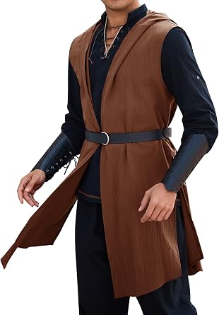 Runcati Mens Renaissance Costume Surcoat Medieval Sleeveless Hooded Cloak