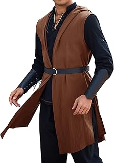 Mens Renaissance Costume Hooded Surcoat Medieval Knight Sleeveless Tunic Tops Tabard Viking Holloween Cloak