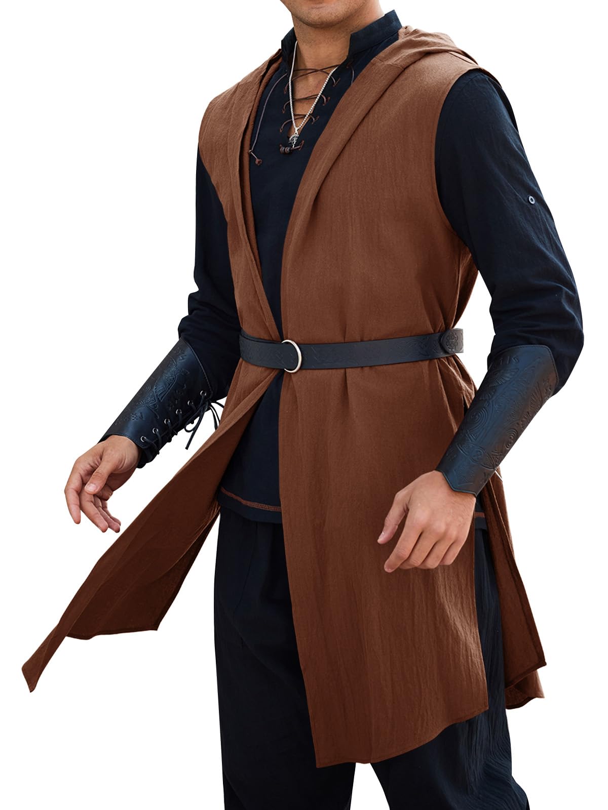 Runcati Mens Renaissance Costume Hooded Surcoat Medieval Knight Sleeveless Tunic Tops Tabard Viking Holloween Cloak