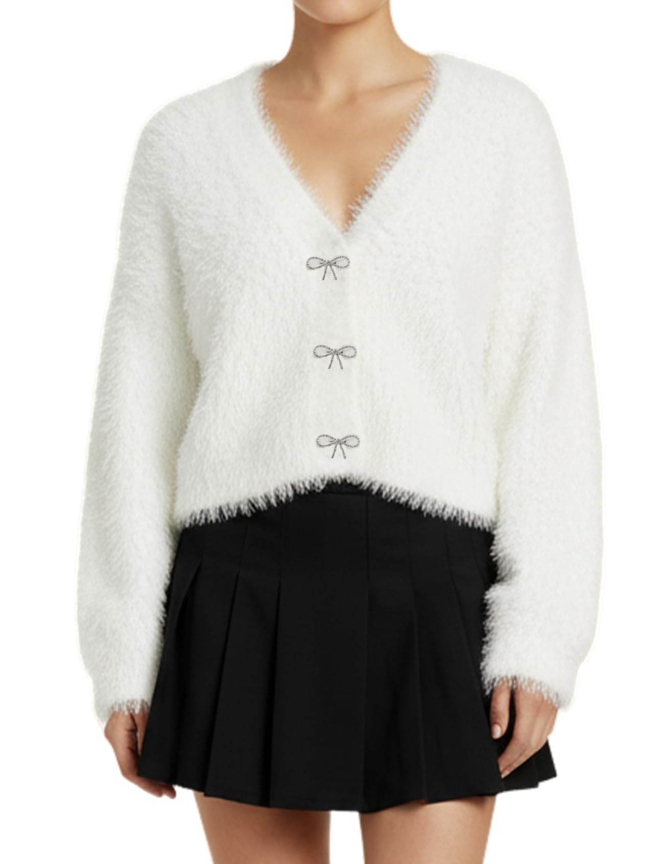 Yimoon Womens Cropped Fuzzy Cardigan Sweater Bowknot Brooch Button Knit Cardigans V Neck Long Sleeve Soft Knitwear