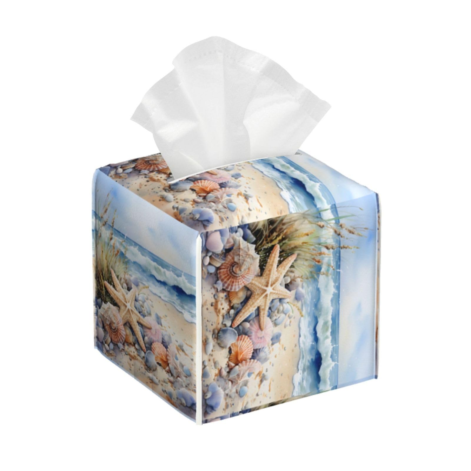 Tissue Box Cover Watercolor Beach Starfish Seashell Square PU Leather Tissue Box Holder for Car Bathroom Bedroom Desk Tabletop Decor