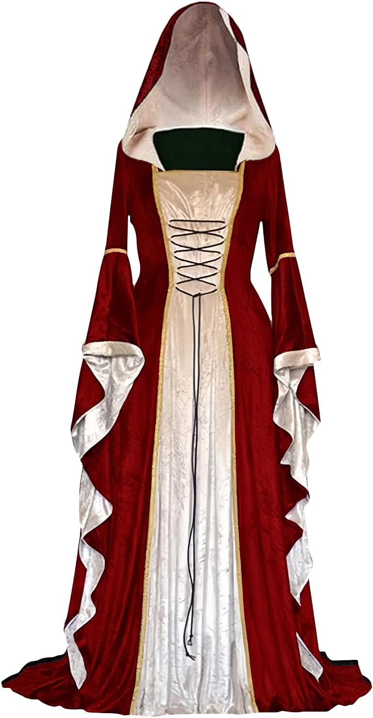 PYAEAS Womens Renaissance Velvet Dress Halloween Victorian Hooded Gown Dresses Medieval Gothic Vampire Costumes Cosplay