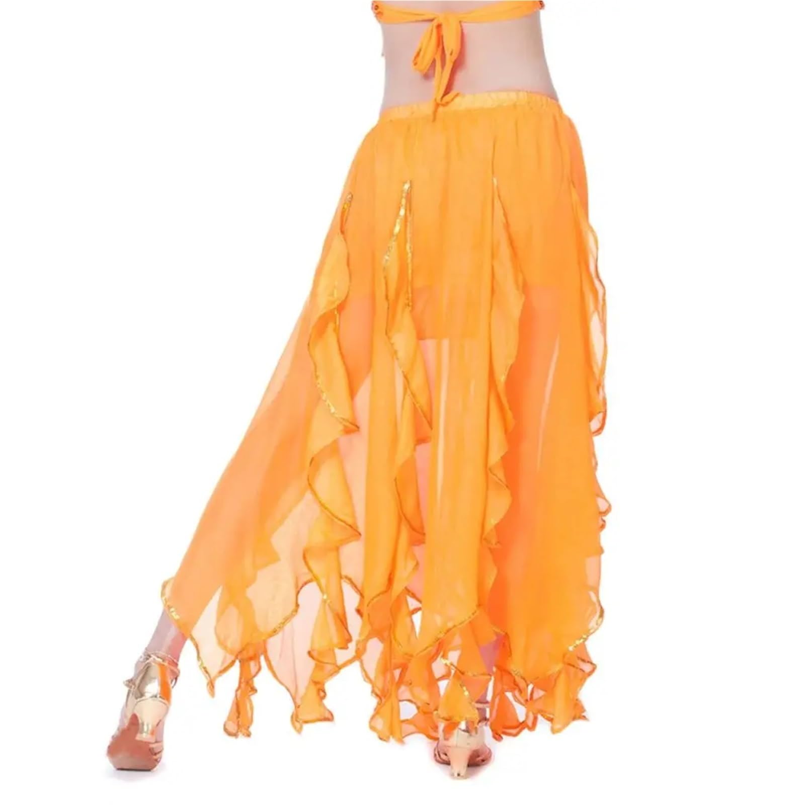 TRRYUIP Belly Dance Skirt Sparkling Belly Women Chiffon Shiny Tassels Long Dancing Skirt Show Costumes(Orange)