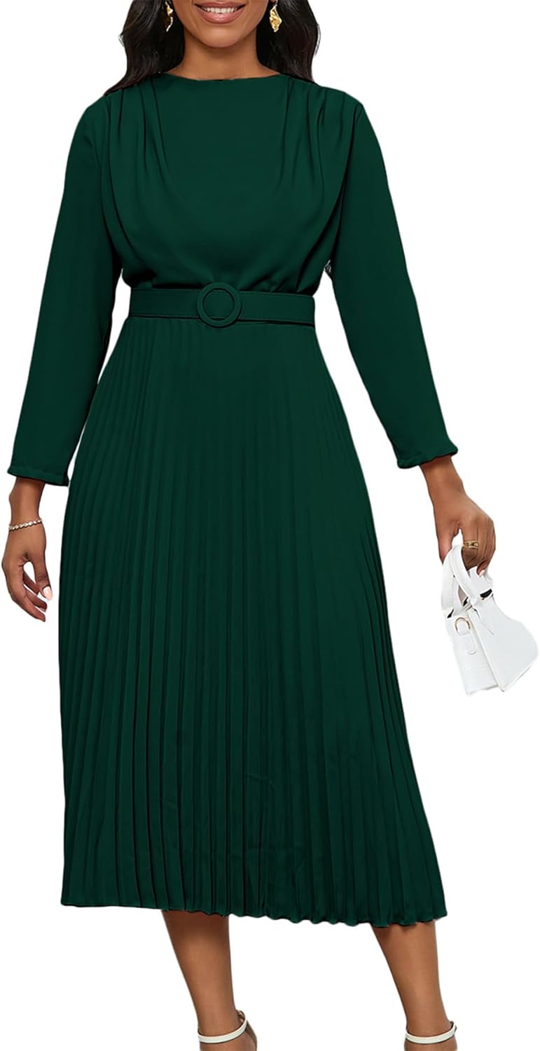 Famnbro Womens Work Dress Long Sleeve A line Church Formal Elegant Office Business Dresses with Belt