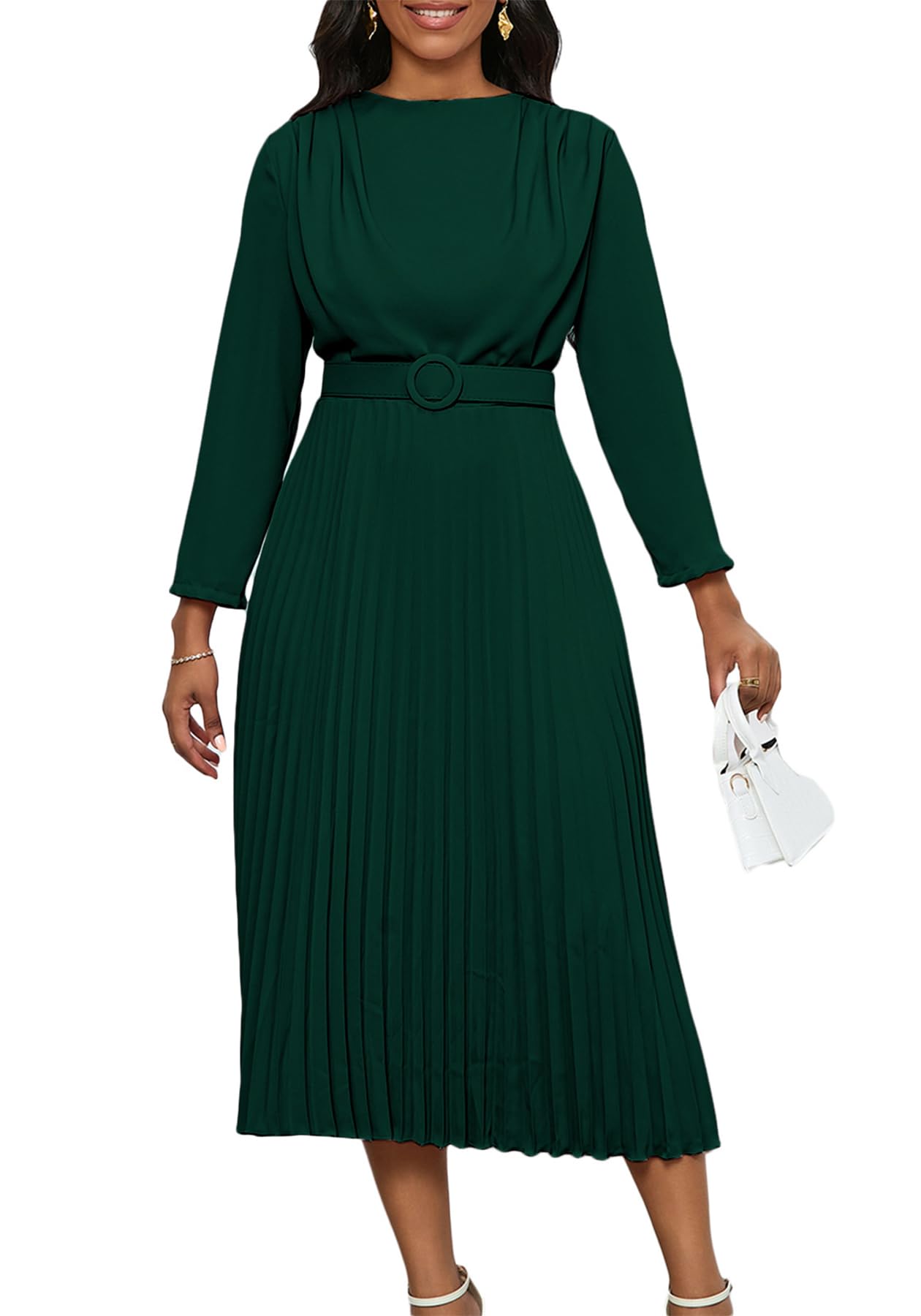Famnbro Womens Work Dress Long Sleeve A line Church Formal Elegant Office Business Dresses with Belt