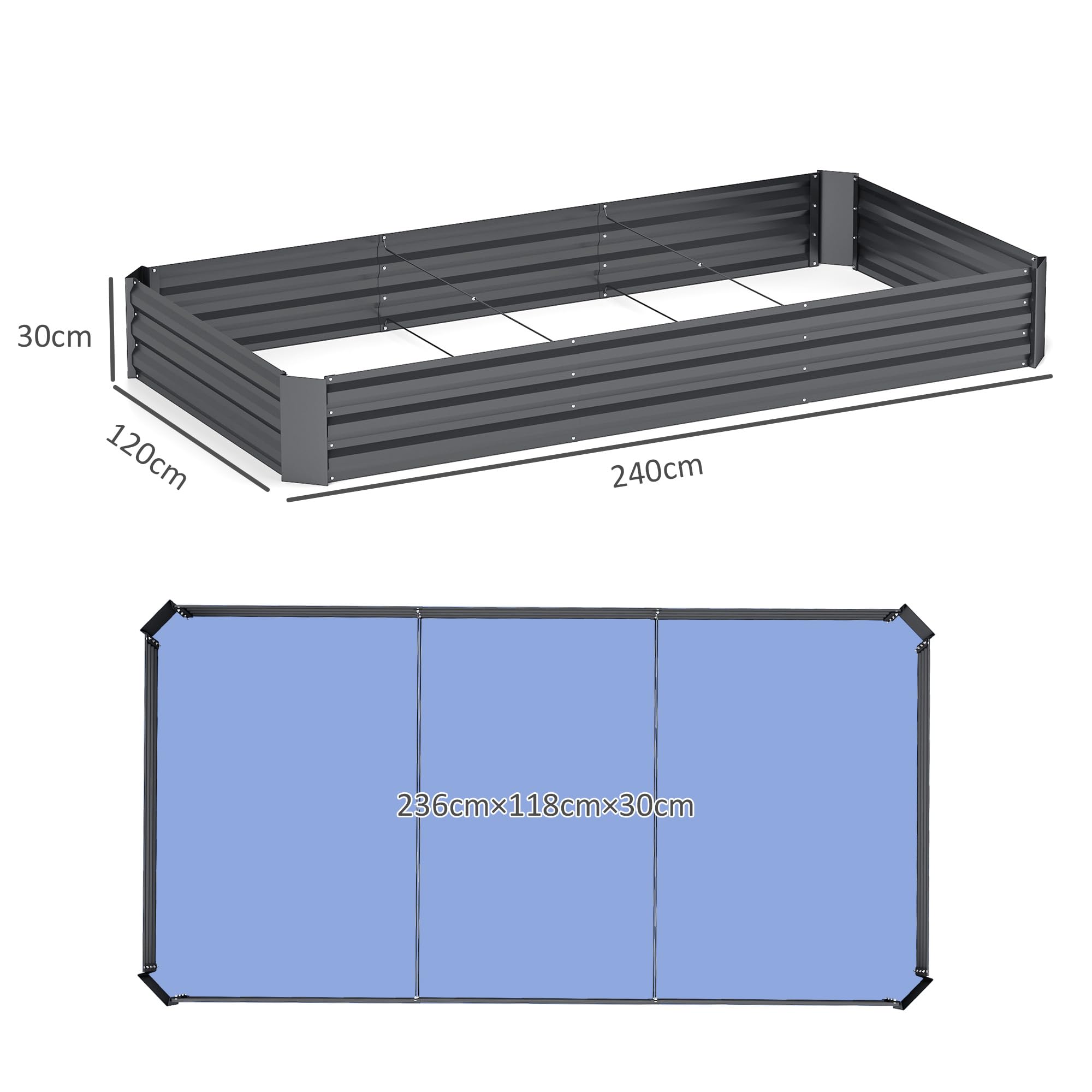 Outsunny Letto per Orto Rialzato da Esterno 835L, Fioriera da Balcone in Acciaio Galvanizzato con Fondo Aperto, per Piante, Fiori e Verdure, 240x120x30cm, Grigio Scuro