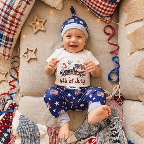 Image of FIOMVA My First 4th of July Outfit Baby Boy Car American Flag Romper Onesie Star Flag Pants Hat Set Fourth of July Clothes