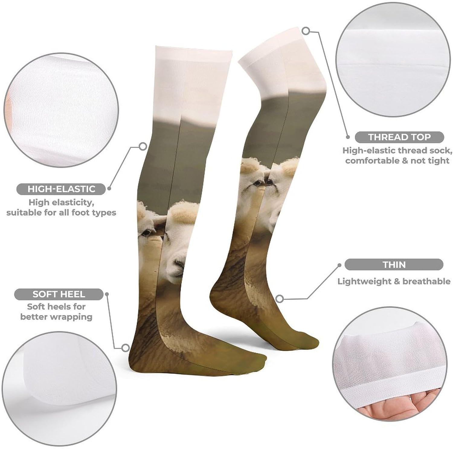 Two White Sheep Knee High Stockings for Women 23.6" Breathable Thigh High Stockings Over The Knee Socks