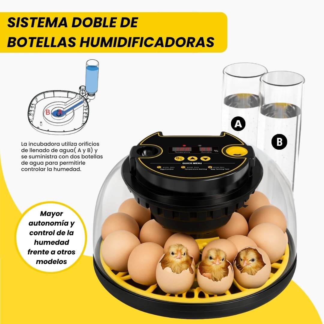 INCUBADORA HUEVOS AUTOMÁTICA Para Todo Tipo De AVES| 12-16 Huevos| Control Automático De Temperatura, Humedad| Incluye Calendario,Comedero,Bebedero y Guía|Sin baterías,alimentación por enchufe 35W
