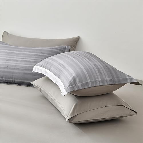 Miniatura 7 de KAKIJUMN Juego de Edredón de 7 Piezas en una Bolsa con Rayas Tamaño King, Juego de Edredón y Sábanas a Rayas de Retazos Blanco y Gris, Juego