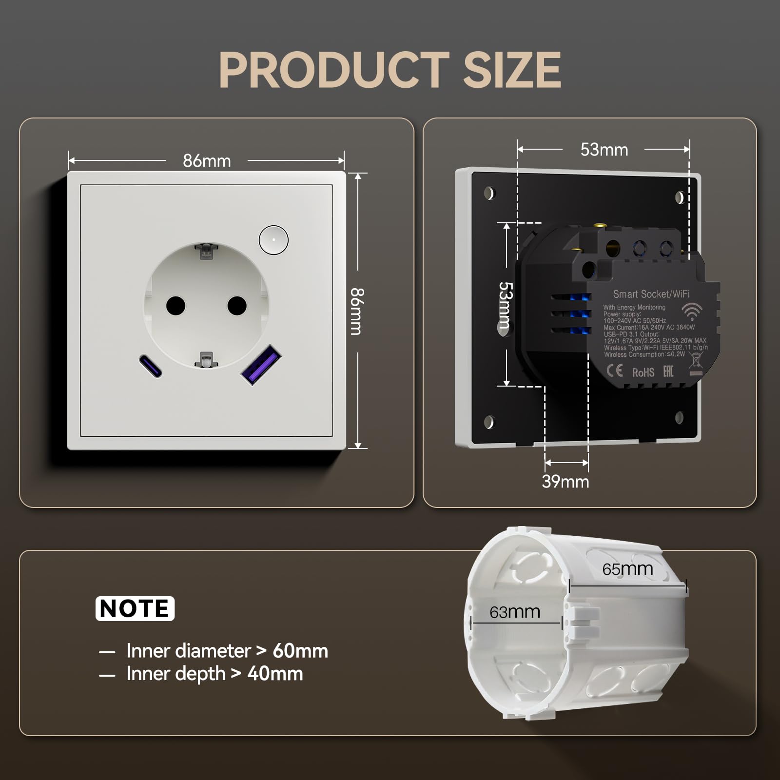 BSEED Enchufe Inteligente con 20W USB y Tipo C,Mate Enchufe Pared Wifi con Medidor Consumo,Control Remoto por APP & Voz,Requiere Cable Neutro,1 Enchufe,Blanco 86mm — view 6