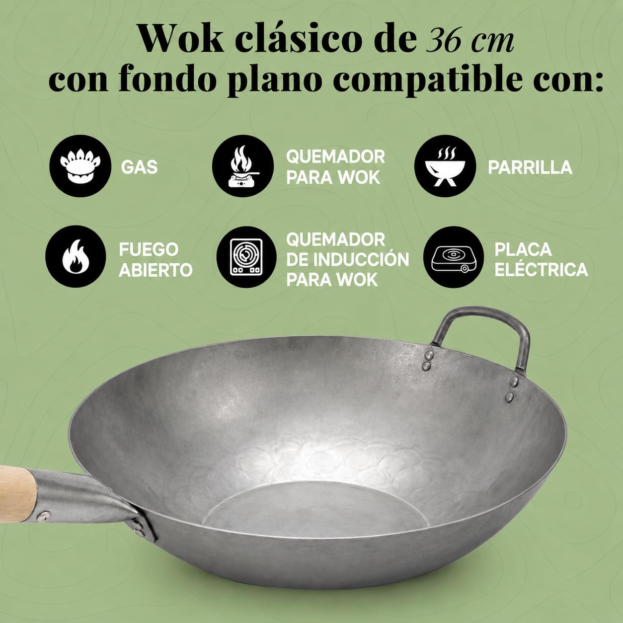 Homira Wok de Acero al Carbono de 36 cm, Martillado a Mano, Fondo Plano y Mango de Madera – Sartén Wok Tradicional sin PFAS para Inducción, Gas, Vitrocerámica, Barbacoa y Exterior (Fondo Plano)