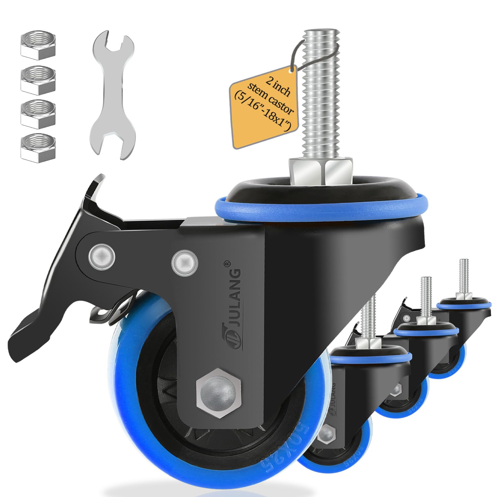Photo 1 of JULANG 2 inch Caster Wheels 5/16" Threaded Stem Casters Set of 4 Heavy Duty, Locking & Stem Mount (UNC 5/16" -18 x1 & Weight Capacity 580 lbs) Casters for Wire Shelving, Carts, Furniture.(Blue)