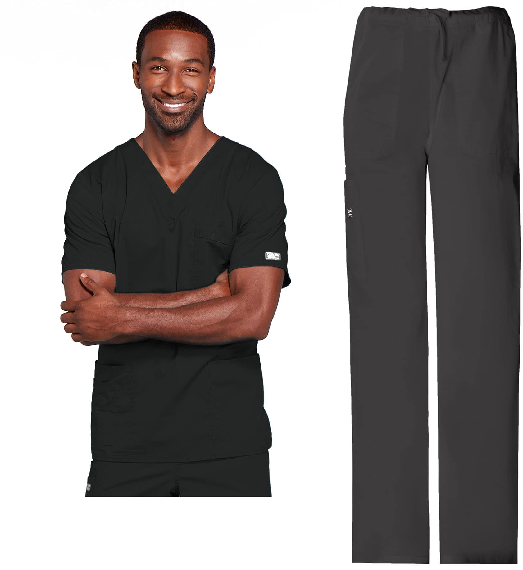 Cherokee Scrub Set for Men or Women, Traditional Fit 4 Pocket V-Neck Top 4725 with 5 Pocket Natural Rise Cargo Pant 4043