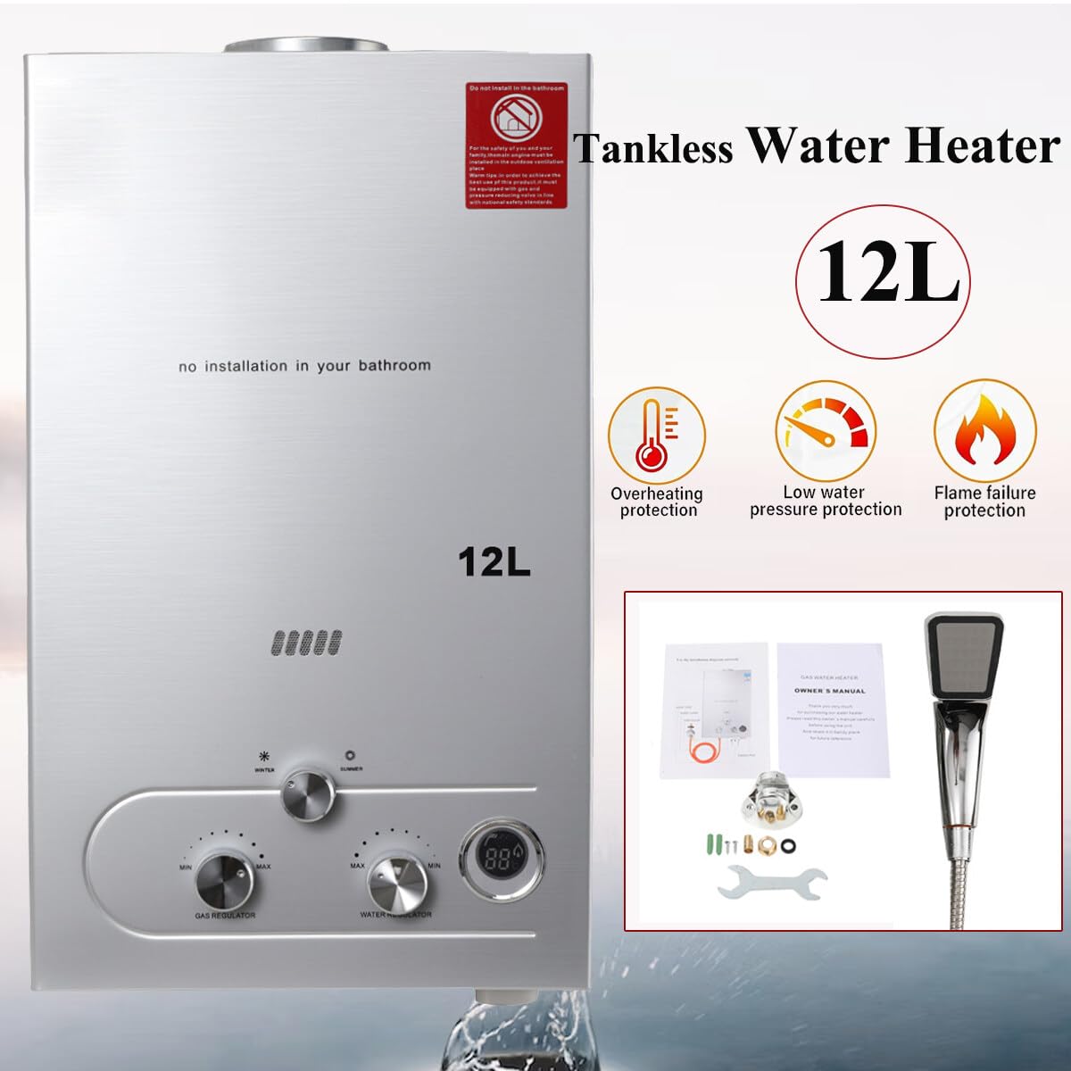 Scaldabagno A Gas Propano GPL 12L 24KW Istantaneo Portatile - Per Docce Da Campeggio, Camper, Giardino Con Kit Doccia Incluso (Argento) - Foto 3