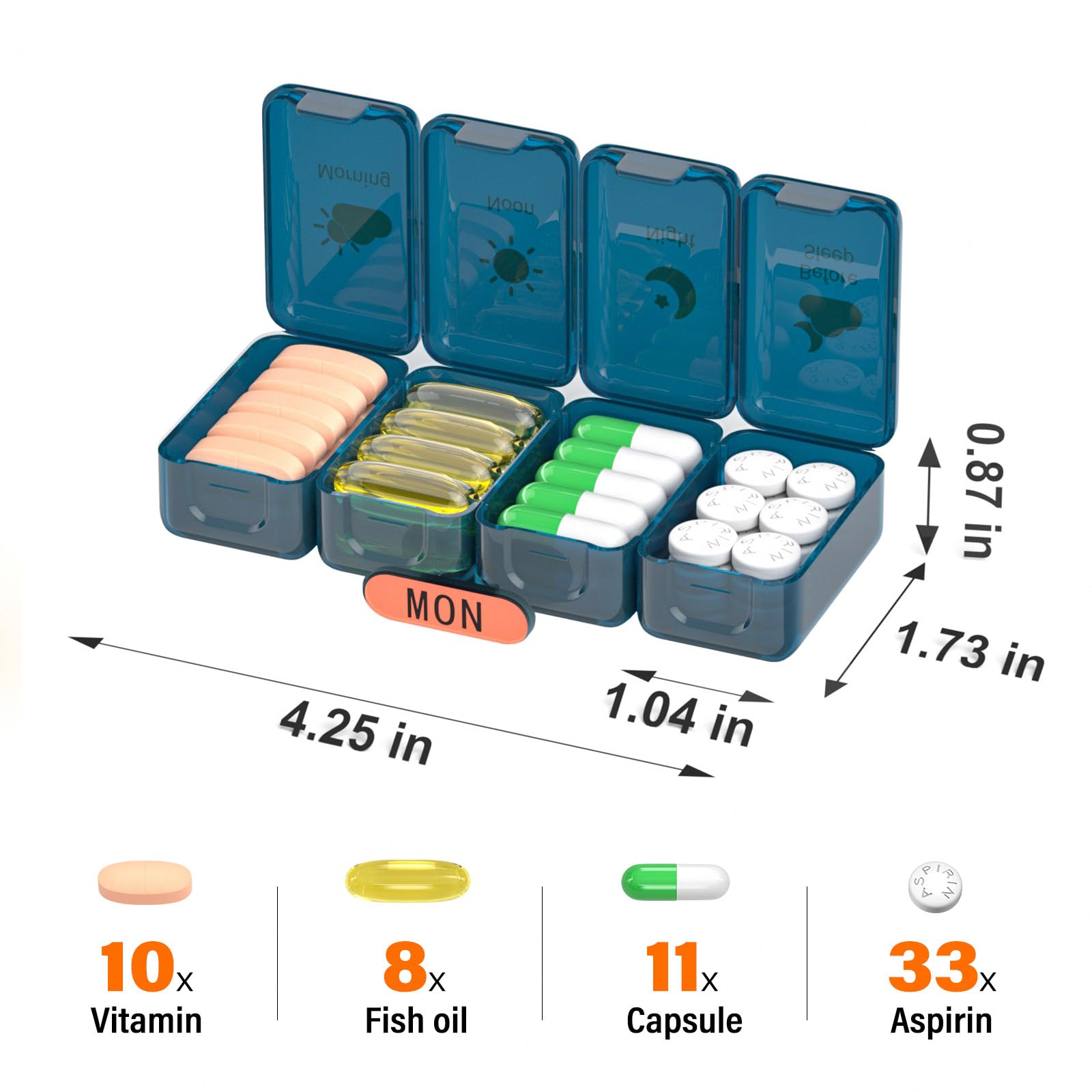 Tygodniowy organizer na tabletki 4 razy dziennie, duże przegródki, pudełko na tabletki, 4 x 7 dni, organizer na leki, tabletki, witaminy, oleje rybne, leki, suplementy, niebieski