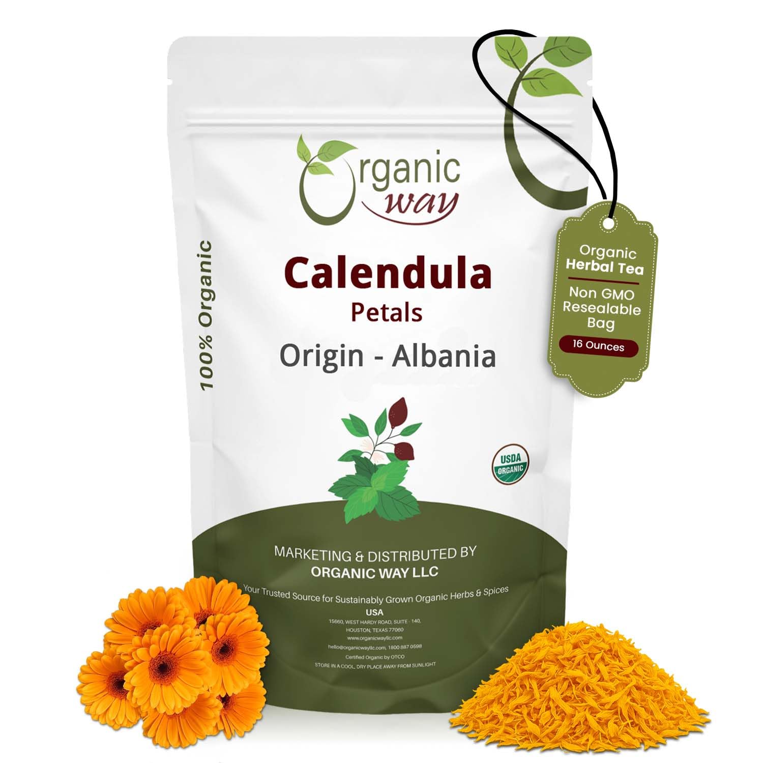 Organic Way Dried Calendula Petals | Herbal Tea (Calendula officinalis) - European Wild-Harvest | Organic & Kosher Certified | USDA Certified | Origin - Albania (1LBS / 16Oz)