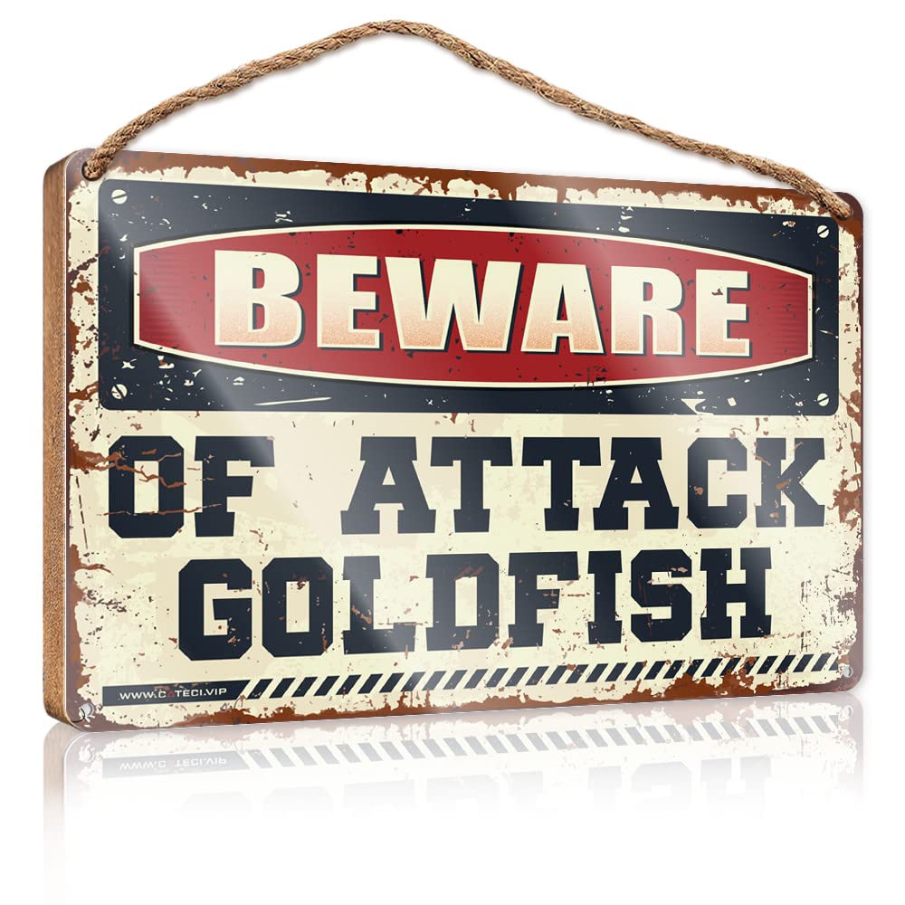 DTHA Farmhouse Bathroom Sign Beware Of Attack Goldfish Wooden Sign Door Decor House Decor Clearance(23X35CM)