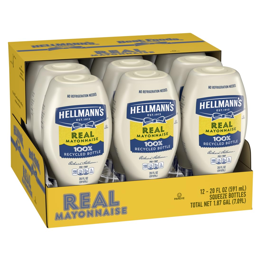 Real Mayonnaise Squeeze Bottle Made from 100% Recycled Plastic, No-Mess Cap, Condiment for Sandwiches, Salads, Mayo Made with Cage Free Eggs, Gluten Free, 20 oz, Pack of 12