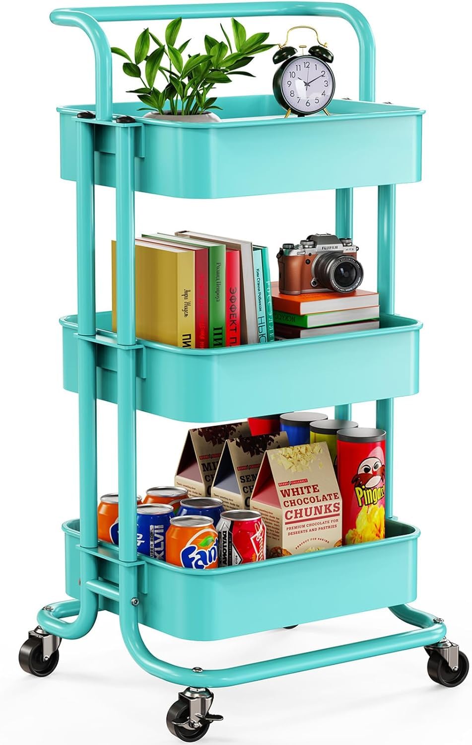 Pipishell Metal 3 Tier Rolling Cart with Handle &amp; Wheels, Turquoise