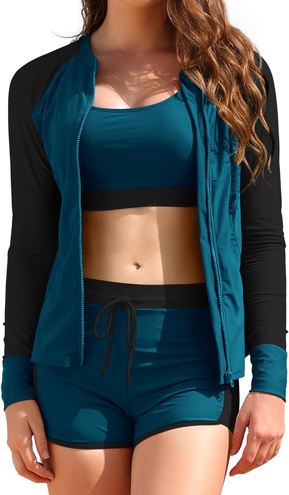 SHEKINI 3-Piece Rash Guard Swimsuits for Women UPF 50+ Zipper Modest Swimwear Ladies Swimming Costumes Contrast Color Boyshorts Bathing Suit