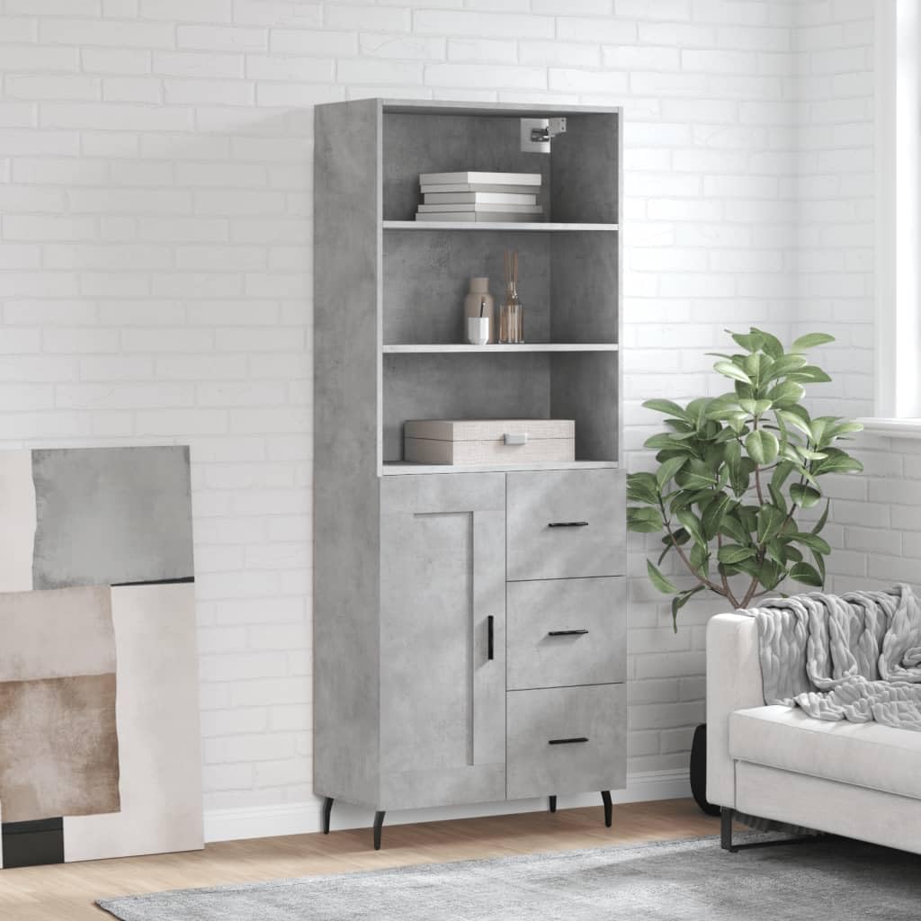 Szara szafka betonowa, 69,5 x 34 x 180 cm, materiał drewnopochodny, metalowe nóżki, dużo miejsca do przechowywania, do salonu, kuchni