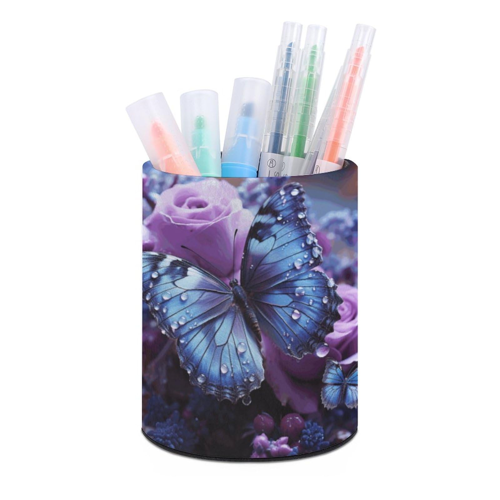 JTREHY Round Pen Holder,Purple Rose with Beautiful Butterfly Printed Makeup Brush Storage Box for Home Office Dressing Table